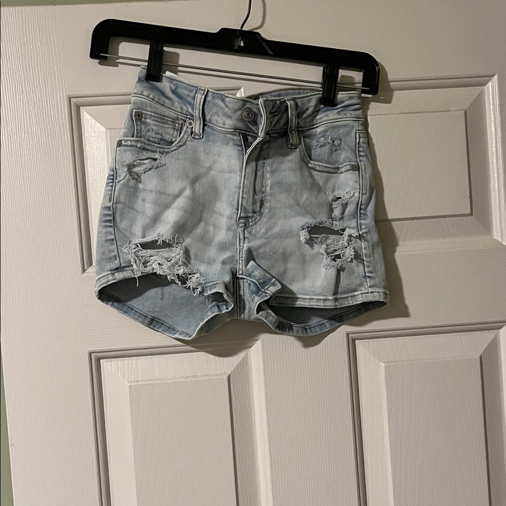 American Eagle Outfitters Light Blue Distressed High-Rise Jean Shorts